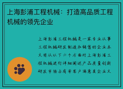 上海彭浦工程机械：打造高品质工程机械的领先企业