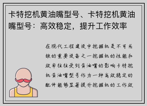 卡特挖机黄油嘴型号、卡特挖机黄油嘴型号：高效稳定，提升工作效率